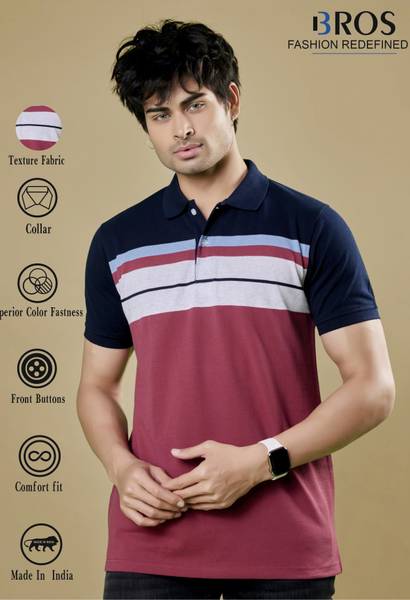 3BROS Striped Men Polo Neck Navy Blue T-Shirt