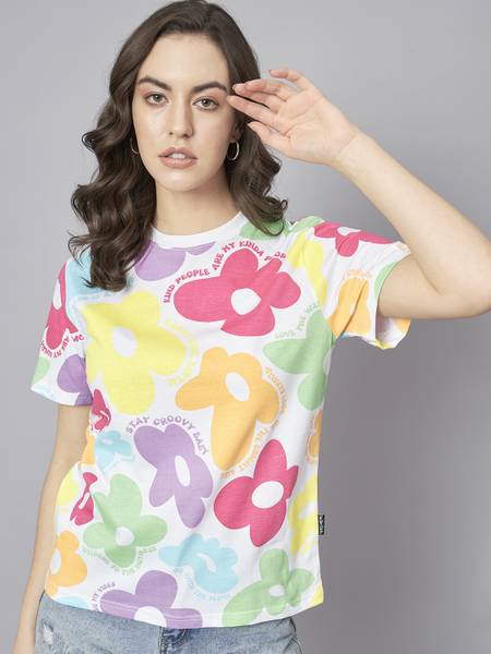 THE DRY STATE Printed Women Round Neck Multicolor T-Shirt