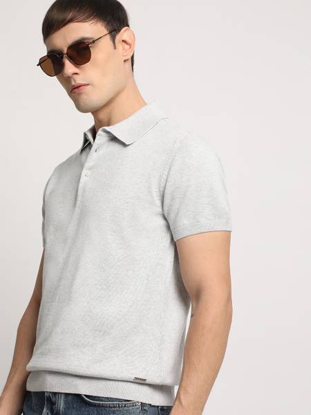 THE BEAR HOUSE Solid Men Polo Neck Grey T-Shirt