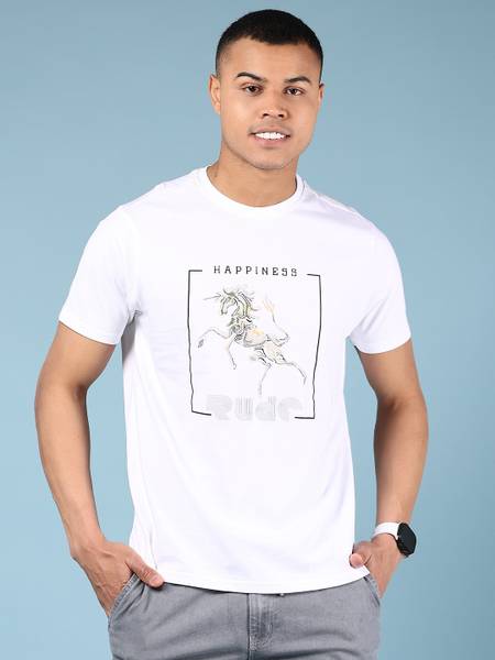 V-MART Printed Men Round Neck White T-Shirt