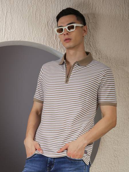 COBB ITALY Striped Men Polo Neck Beige T-Shirt