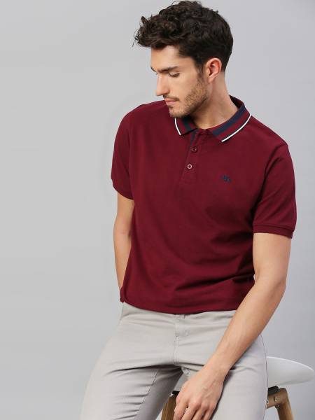 Dennis Lingo Solid Men Polo Neck Maroon T-Shirt