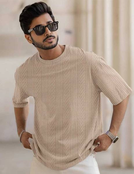 Force Solid Men Round Neck Beige T-Shirt