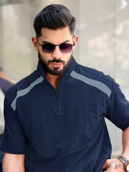 MANIAC Colorblock Men High Neck Dark Blue T-Shirt