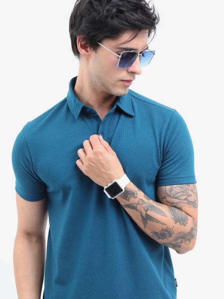 HIGHLANDER Solid Men Polo Neck Blue T-Shirt