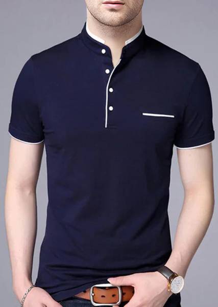 AUSK Solid Men Mandarin Collar Navy Blue T-Shirt