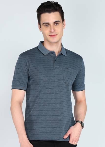 PETER ENGLAND Striped Men Polo Neck Blue T-Shirt