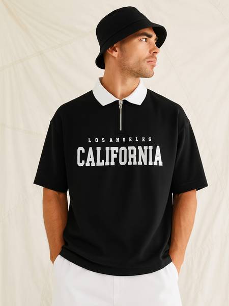 Jump Cuts Printed Men Zip Neck Black, White T-Shirt
