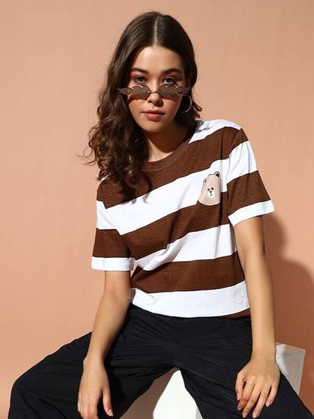 THE DRY STATE Printed Women Round Neck Brown, White T-Shirt