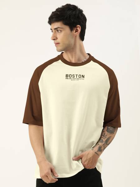 MANIAC Typography, Colorblock Men Round Neck Beige, Brown T-Shirt