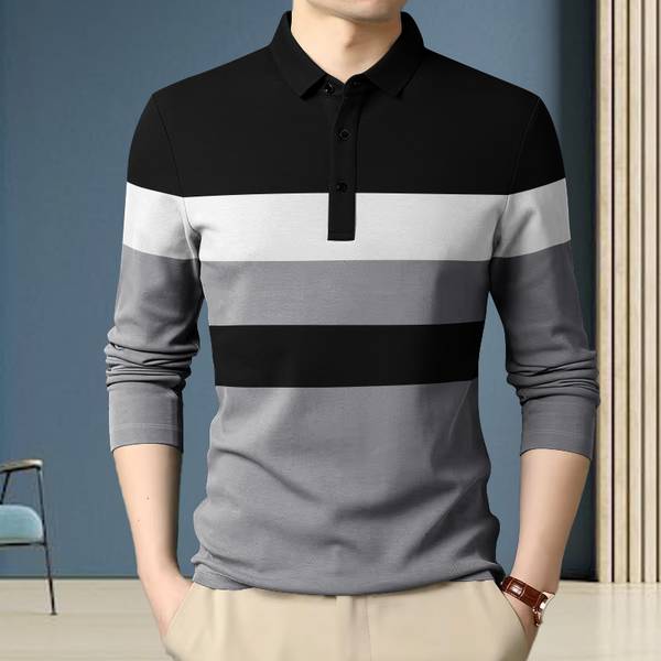 GARBLY Striped Men Polo Neck Black T-Shirt