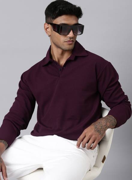 LEWEL Solid Men Polo Neck Maroon T-Shirt