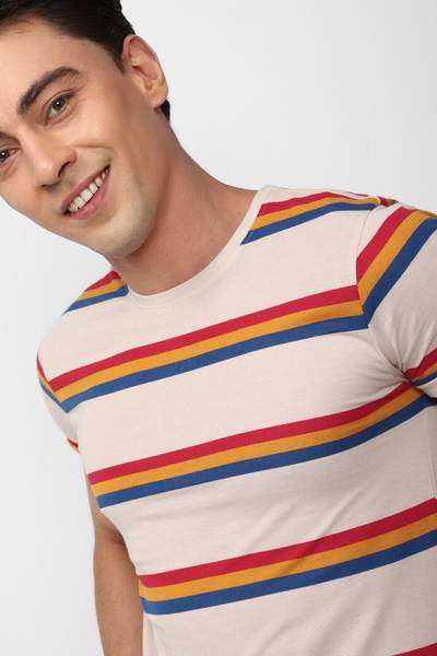 PETER ENGLAND Striped Men Round Neck Beige T-Shirt