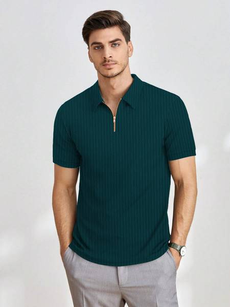 KAJARU Self Design Men Polo Neck Dark Green T-Shirt