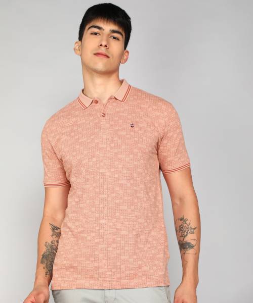 Louis Philippe Jeans Printed Men Polo Neck Pink T-Shirt