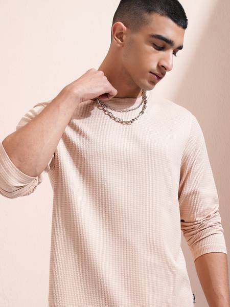 HIGHLANDER Self Design Men Round Neck Beige T-Shirt
