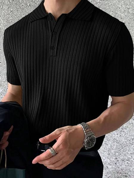 EyeBogler Striped Men Polo Neck Black T-Shirt