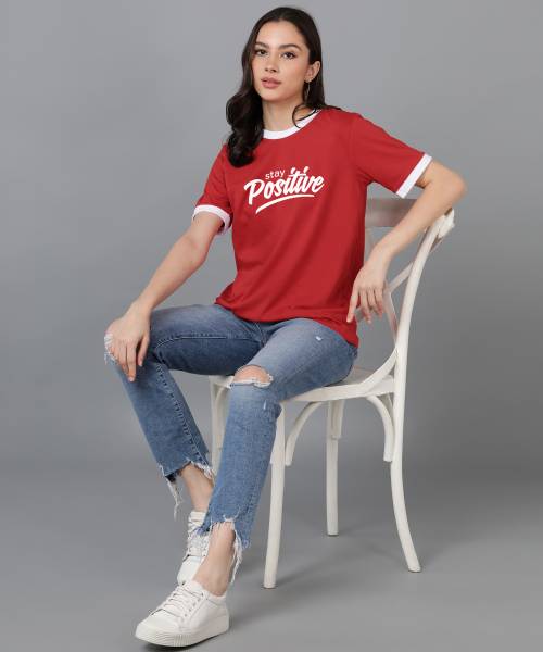 Adyavastram Typography Women Round Neck Red T-Shirt