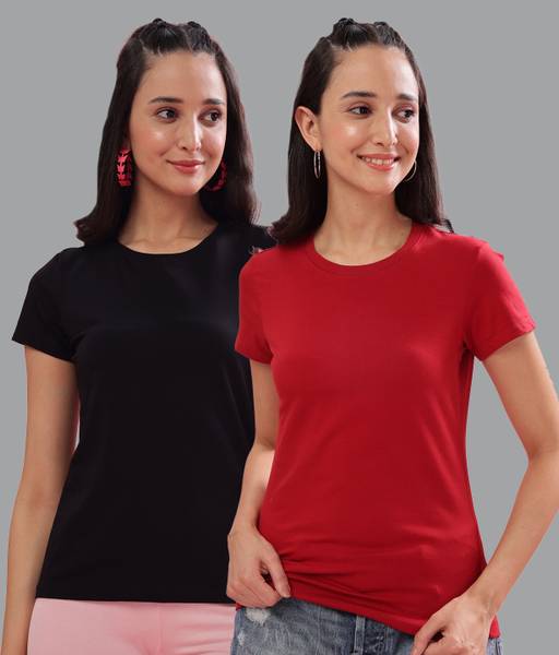 Dollar Solid Women Crew Neck Multicolor T-Shirt