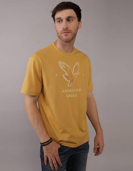 American Eagle Graphic Print Men Round Neck Yellow T-Shirt