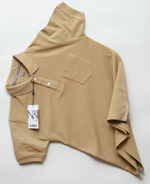 N AND J Solid Men Polo Neck Beige T-Shirt