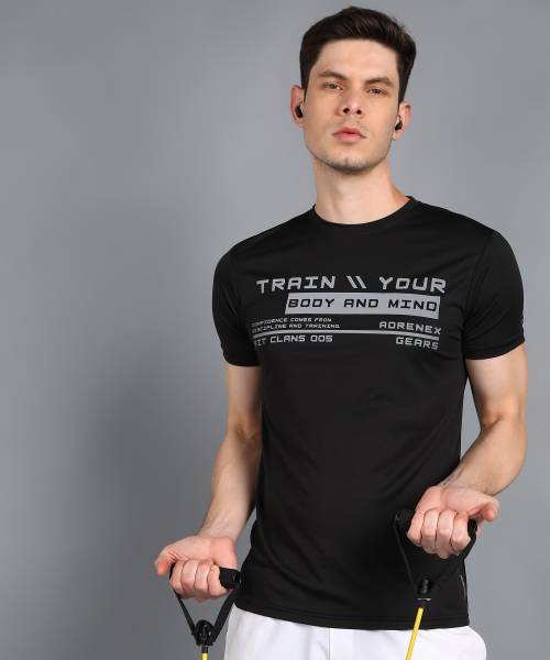 Adrenex Printed Men Round Neck Black T-Shirt