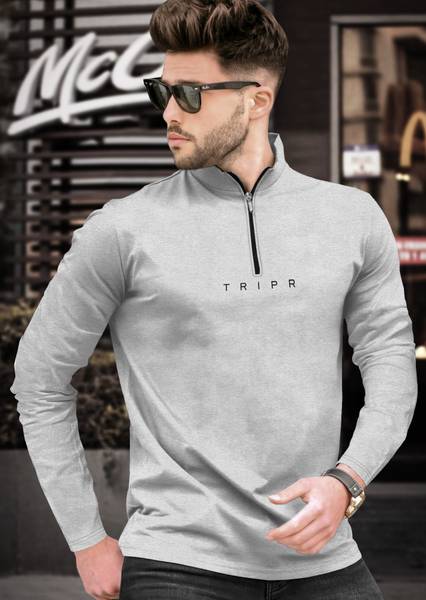 TRIPR Solid Men Henley Neck Grey T-Shirt