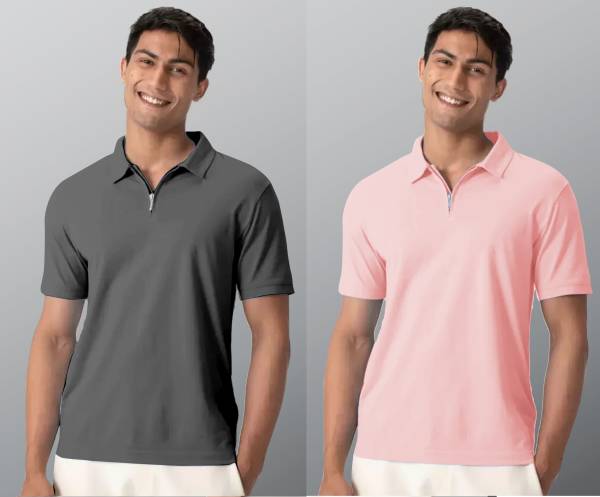 INDICLUB Solid Men Polo Neck Grey, Pink T-Shirt