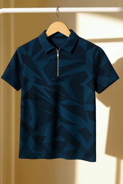 Try This Checkered Men Zip Neck Light Blue, Blue T-Shirt