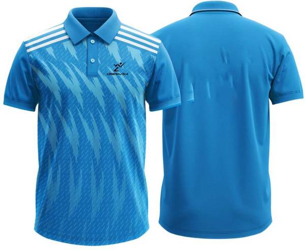 lookswala Printed Men Polo Neck Blue T-Shirt