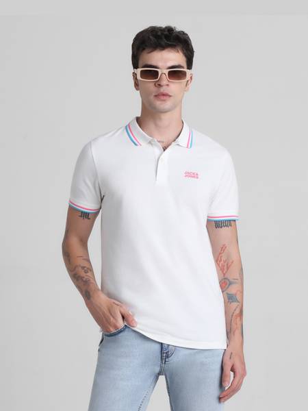 JACK & JONES Solid Men Polo Neck White T-Shirt