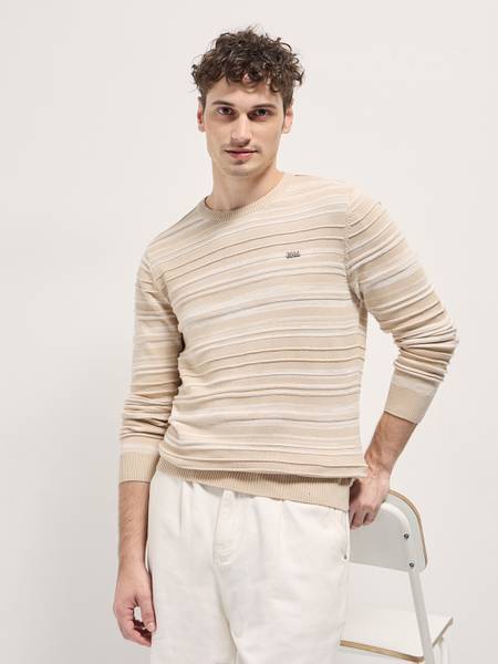 THE BEAR HOUSE Striped Men Round Neck Beige T-Shirt
