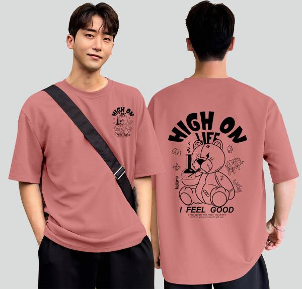 KAJARU Printed Men Round Neck Pink T-Shirt