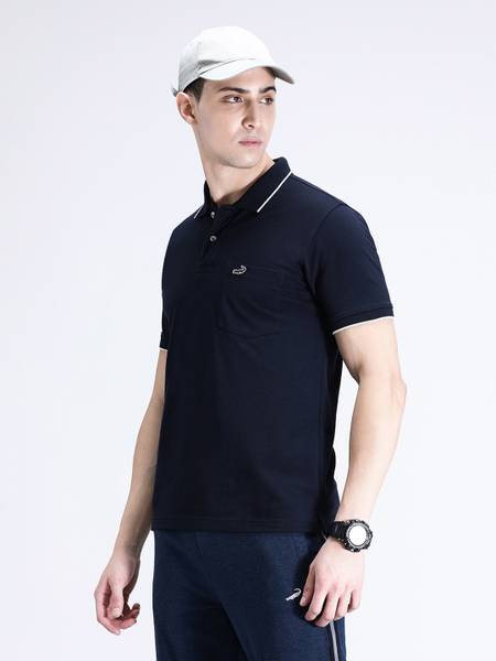 CROCODILE Solid Men Polo Neck Navy Blue T-Shirt