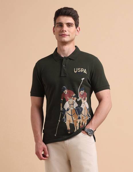 U.S. Polo Assn. Denim Co. Graphic Print Men Polo Neck Green T-Shirt