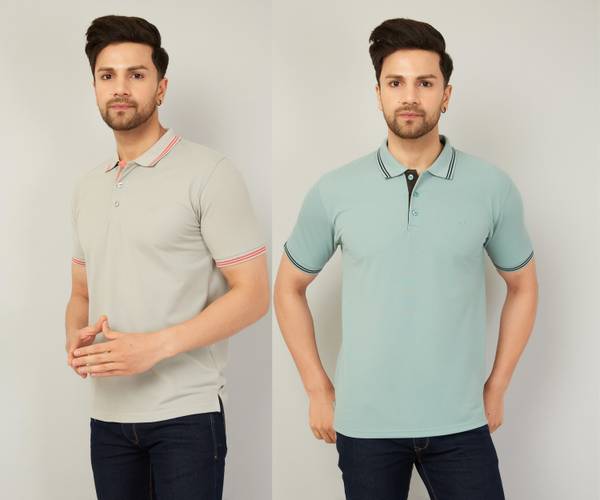We Perfect Solid Men Polo Neck Grey, Green T-Shirt