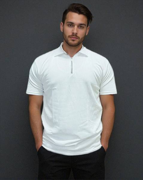 Yobdel Solid Men Zip Neck White T-Shirt