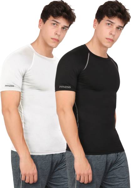 KYK Solid Men Round Neck White, Black T-Shirt