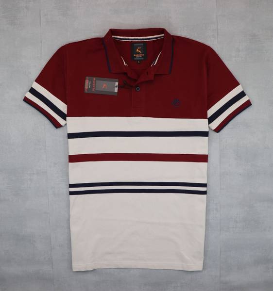 Magneto Striped Men Polo Neck Maroon T-Shirt
