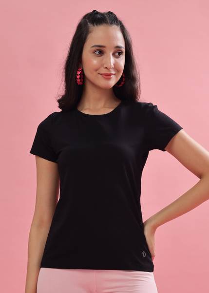 Dollar Solid Women Crew Neck Black T-Shirt
