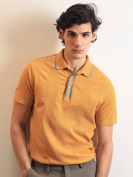 RARE RABBIT Solid Men Polo Neck Yellow T-Shirt