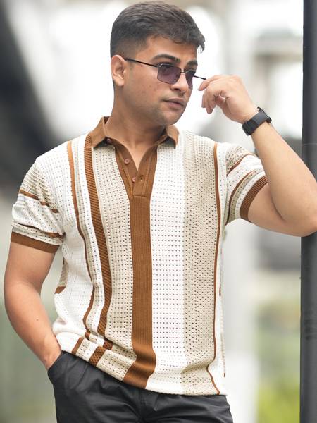 MANIAC Self Design Men Polo Neck Beige T-Shirt