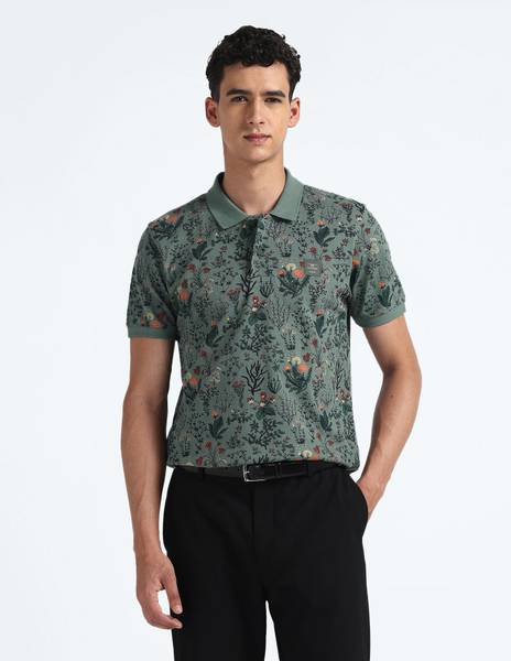 FLYING MACHINE Printed Men Polo Neck Green T-Shirt