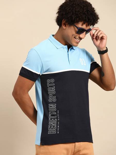 United Colors of Benetton Solid Men Polo Neck Blue T-Shirt