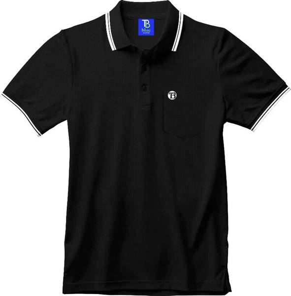 TB Blue Self Design Men Polo Neck Black T-Shirt