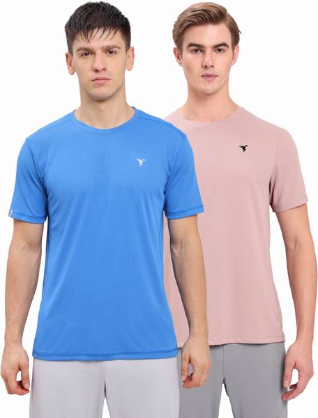 TECHNOSPORT Solid Men Round Neck Blue, Pink T-Shirt