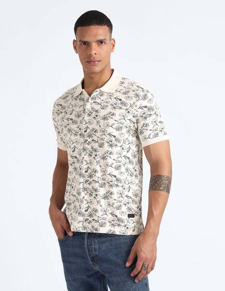 FLYING MACHINE Printed Men Polo Neck White T-Shirt