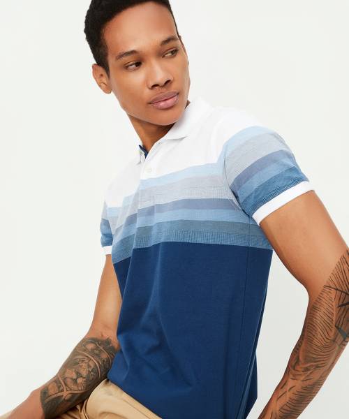 MAX Striped Men Polo Neck Blue T-Shirt