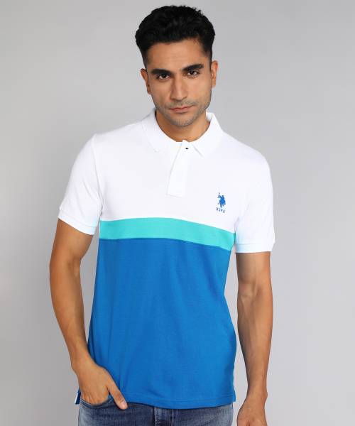 U.S. POLO ASSN. Colorblock Men Polo Neck White, Blue T-Shirt