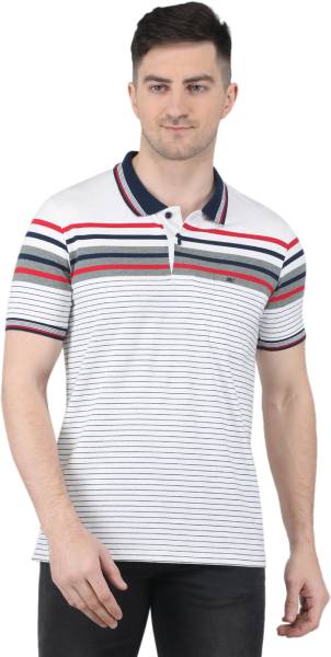 MONTE CARLO Striped Men Polo Neck Grey T-Shirt